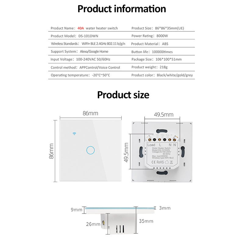 LEDEAST DS-101DWN Hot Selling Eu Standard 8000W Tuya APP Control Water Heater Wifi Boiler Switch Touch Panel 8000W Smart Switch