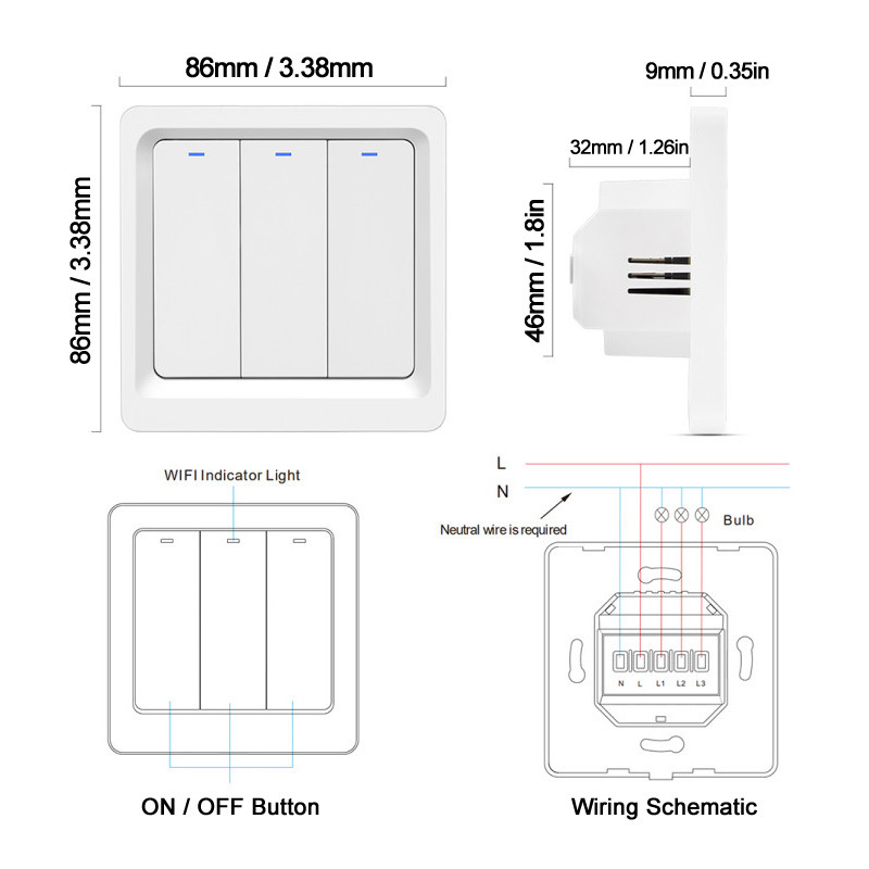 LEDEAST DS-102JL 400W No Neutral Required 1gang 2gang 3gang Tuya Smart Push Button Light Switch for Smart Life