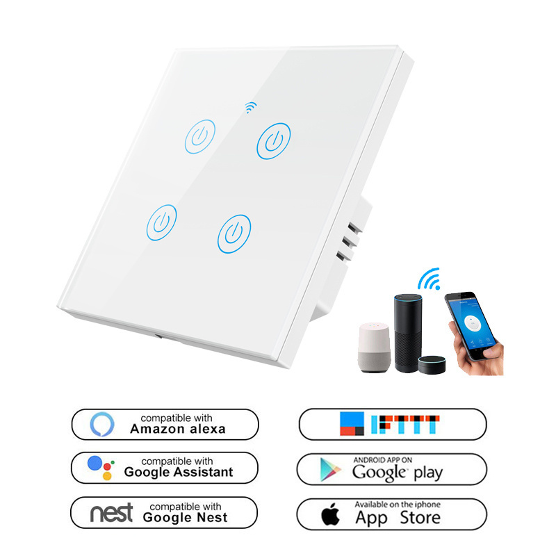 LEDEAST DS-101JL-4 Voice Remote Control Switch Tuya Wire Glass PaneL Touch Single Live Wire 4 Gang Smart WiFi Light Switch