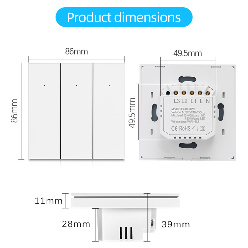 LEDEAST DS-1081WL Smart Life/Tuya APP Remote Control Wifi Smart Push Button Switch Panel 2 Gang Wireless Wall Light Switch