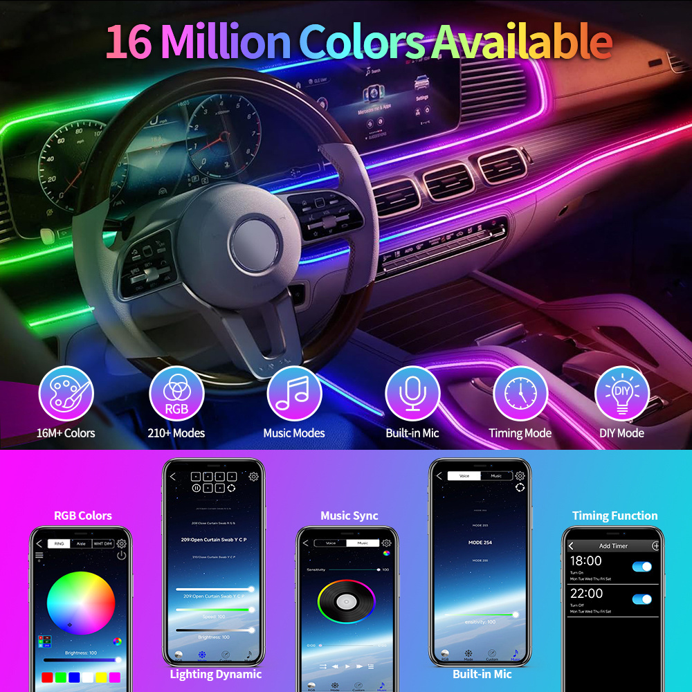 Full Color USB Streamer Car Ambient Lighting Rgb App control Led Interior Symphony Atmosphere Lamp Kit Dynamic Car Strip Light