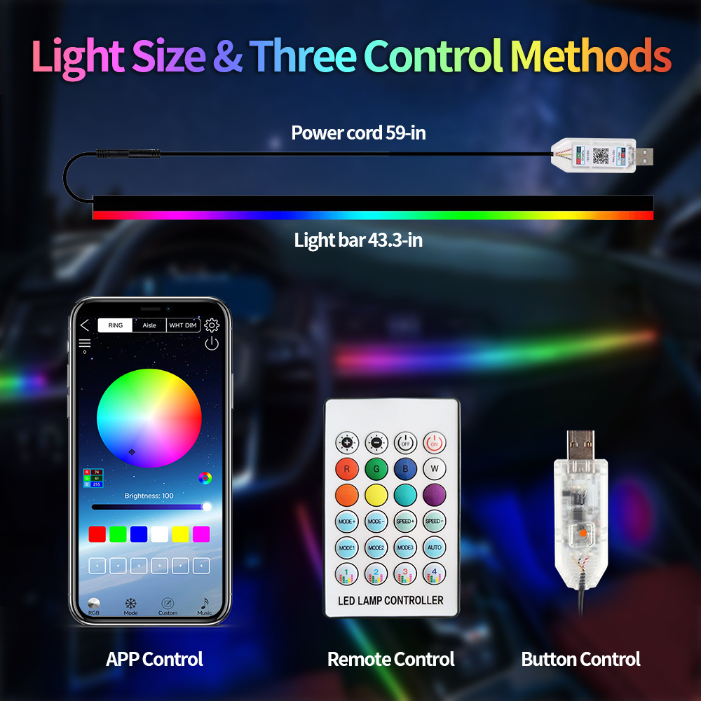 Full Color USB Streamer Car Ambient Lighting Rgb App control Led Interior Symphony Atmosphere Lamp Kit Dynamic Car Strip Light