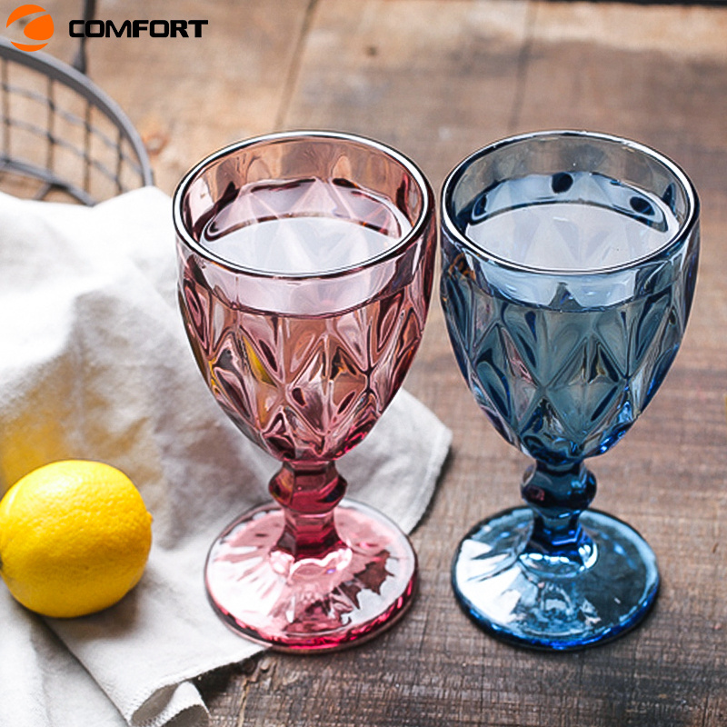 European Style Embossed Wine Glass   Round Shape Champagne Flutes Goblet   Blue Amber Water