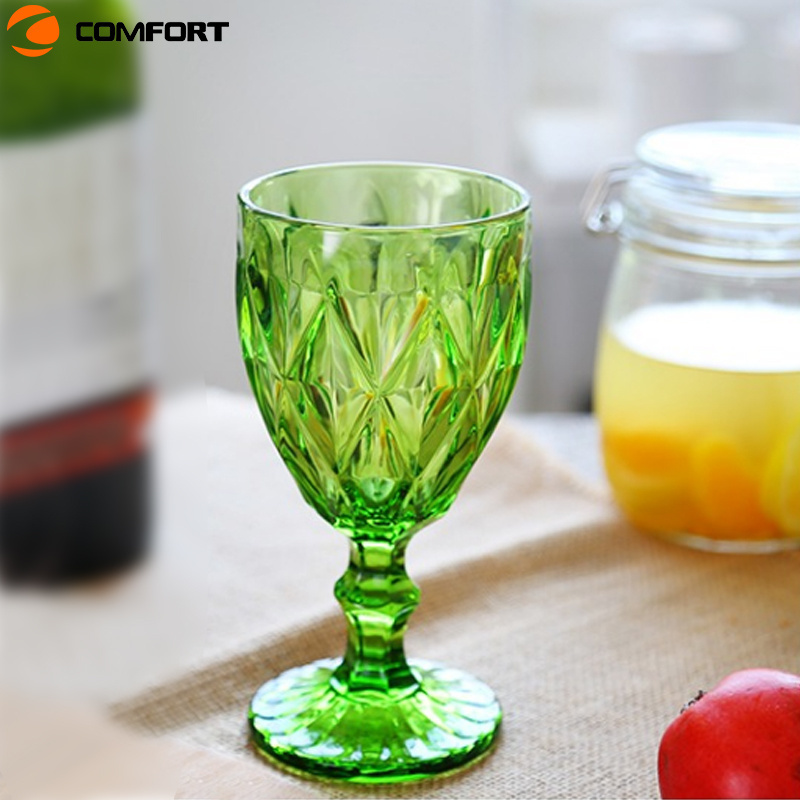 European Style Embossed Wine Glass   Round Shape Champagne Flutes Goblet   Blue Amber Water