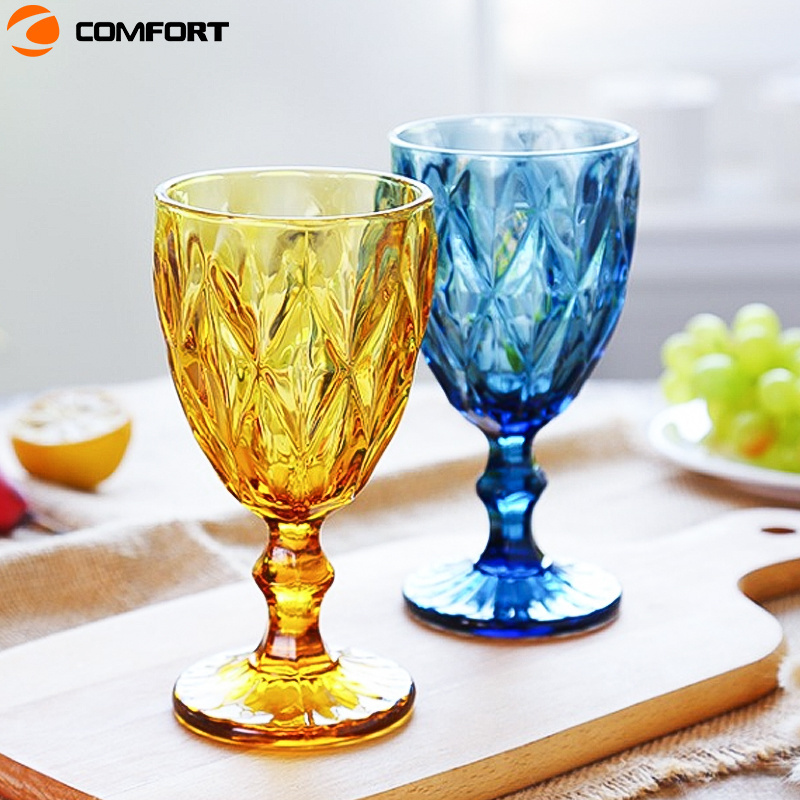 European Style Embossed Wine Glass   Round Shape Champagne Flutes Goblet   Blue Amber Water