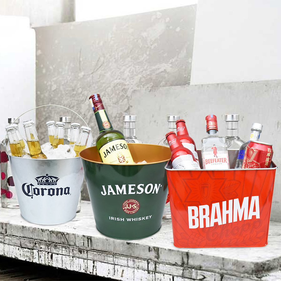 custom round metal tin ice bucket cooler beer buckets