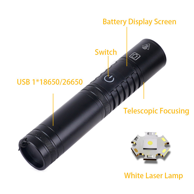 2024 High-Power Whiter Laser flashlight USB output function type C lcd digital display zoom flashlight