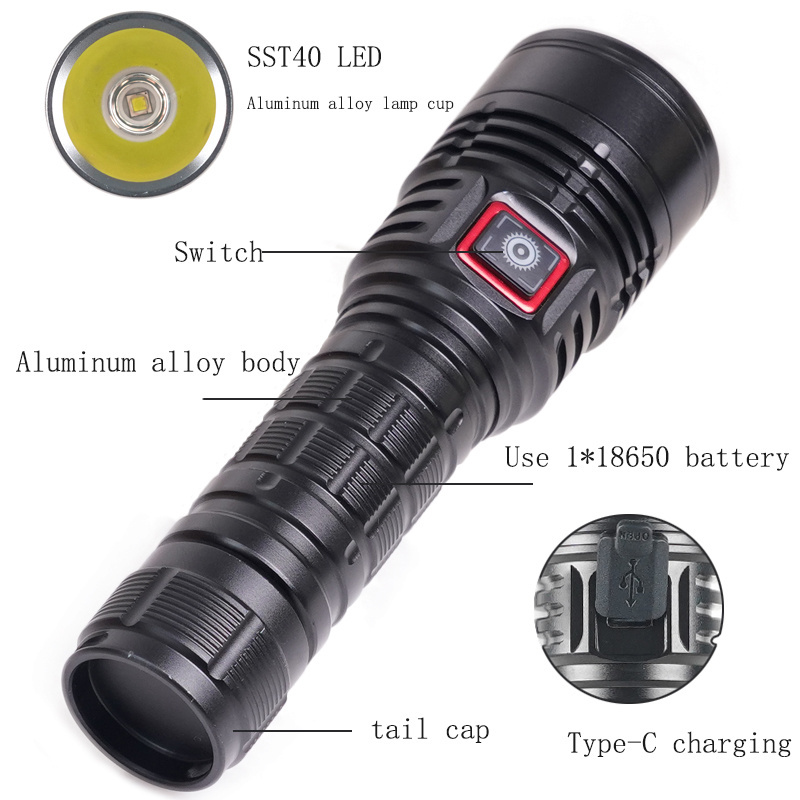 Sst40 Flashlight High Power Led Torch Super Bright Light 21700  Long Range Powerful Rechargeable Battery Led Flashlight