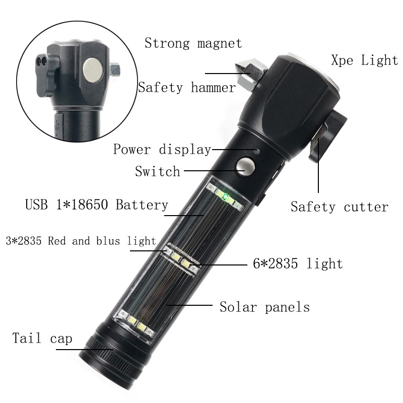 Led Rechargeable Work Flashlight With Magnet Cutter Sos Warn Life Safety Hammer Solar Torch Light Usb Rechargeable Flash Light