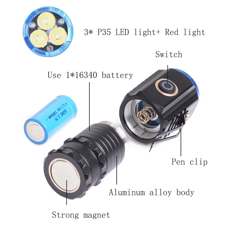 3*P35 Mini Led Flashlight With Clip 16340 battery Red Light Flashlight Led Torch Rechargeable Flashlight With Magnet