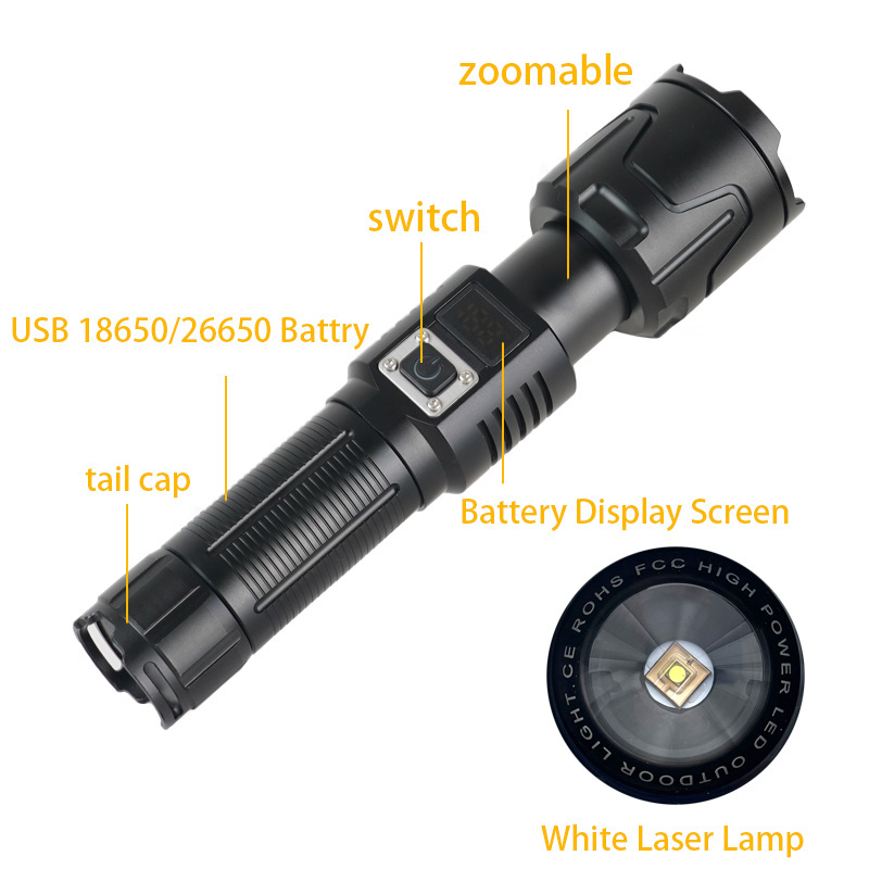 rechargeable flashlight with digital display and power bank powerful laser torch camping high power led white laser flashlight