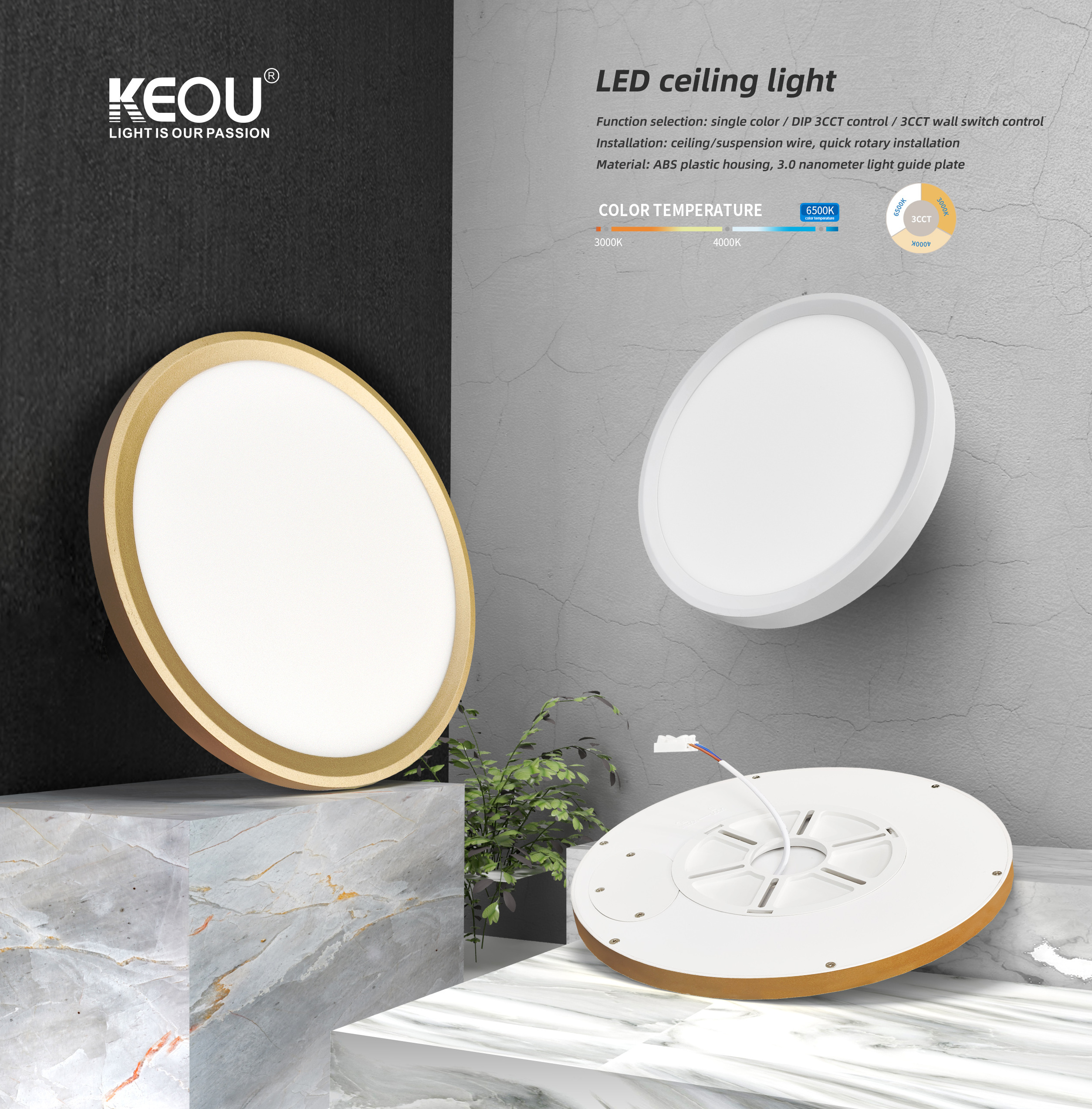 KEOU CE CB certificate 18W 24W 32W 40W 50W 70W ABS plastic indoor and outdoor ceiling light