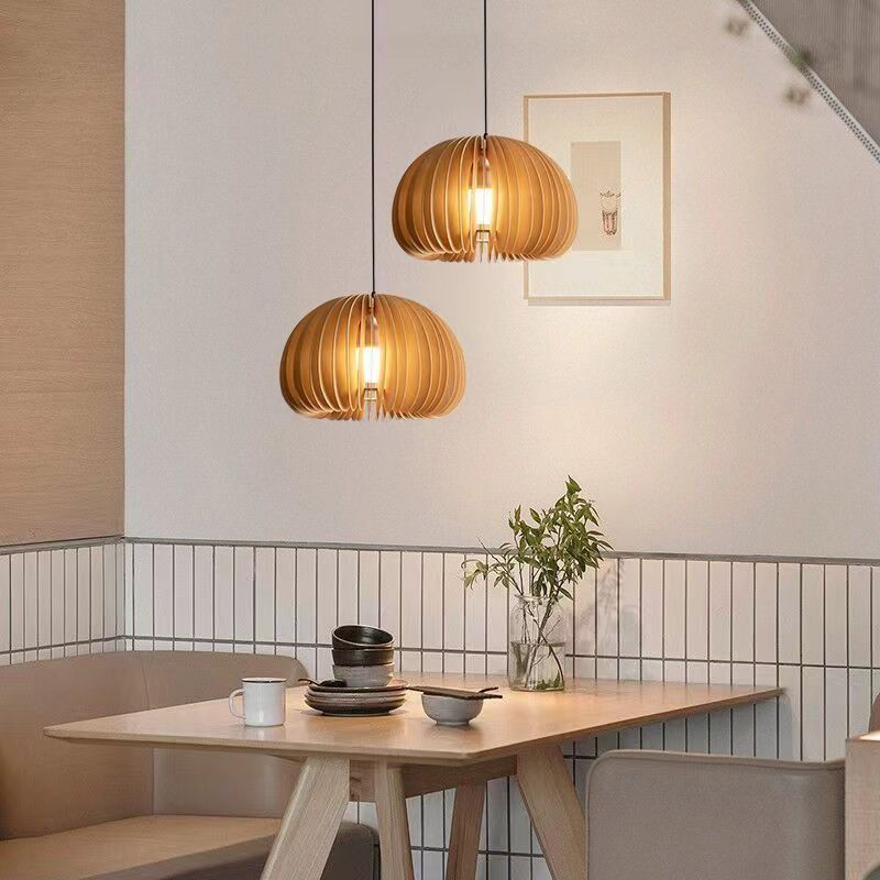 wooden pendant light Pumpkin modern led ceiling wood light fixtures for bedroom room hanging lights restaurant chandelier