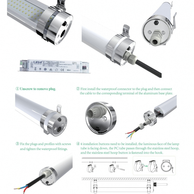 IP69K IK10 PMMA PC Cover Tri-proof Vapor Tight Fitting Fixture 4ft 40W LED Weatherproof Batten Light for Farm