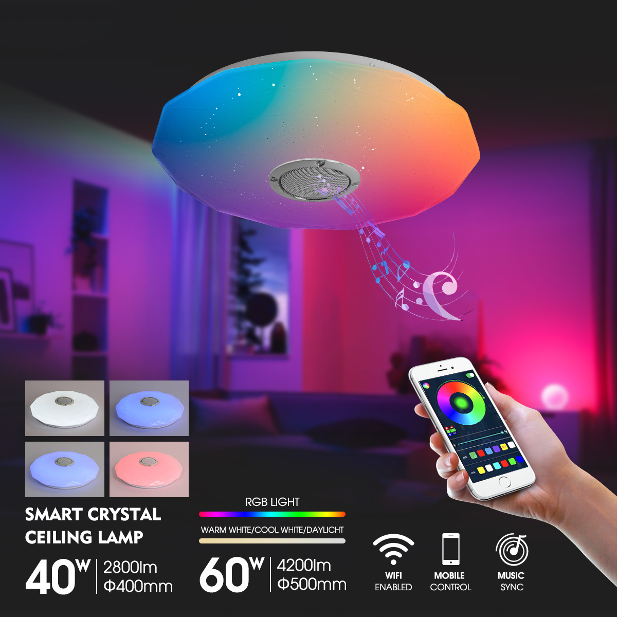 China wholesale remote control 40W 60W smart round led ceiling lamp light with bluetooth speaker music