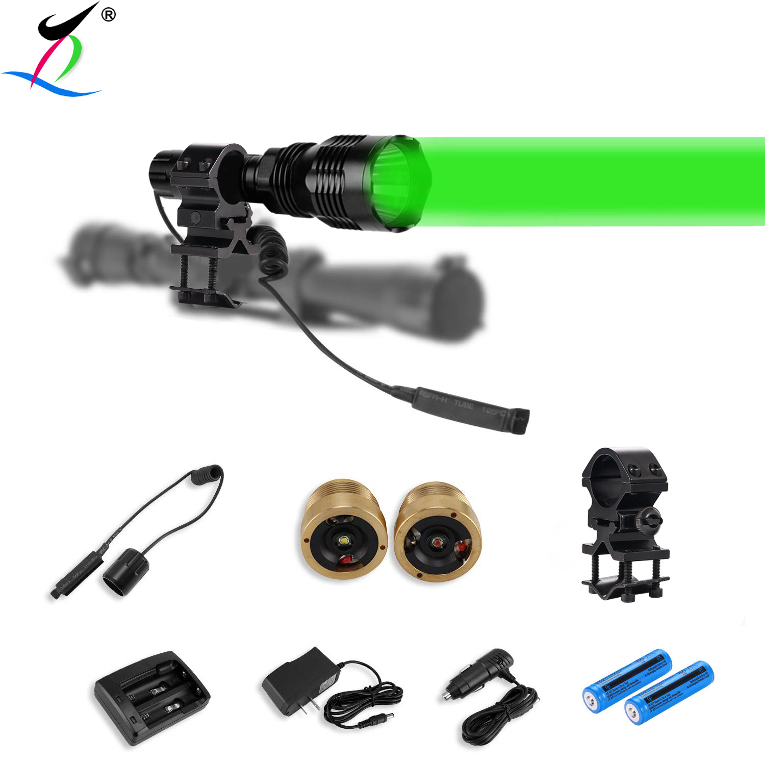 300 Yards Green Hunting Flashlight Kit with Changeable Red and White Led Module 18650 Batteries Mount and Charger