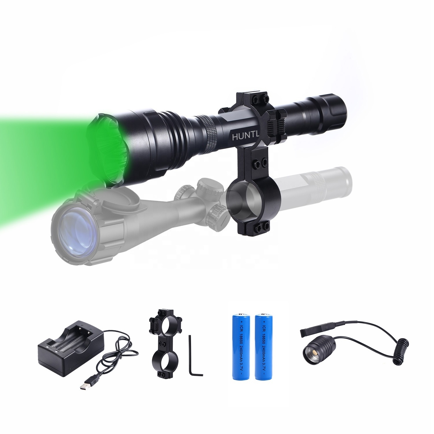 500 Lumens Led Flashlight for Hunting 5 Led Super Bright 350 Yards Hunting Torch Kits Green Camping Rechargeable Battery IP67 A5