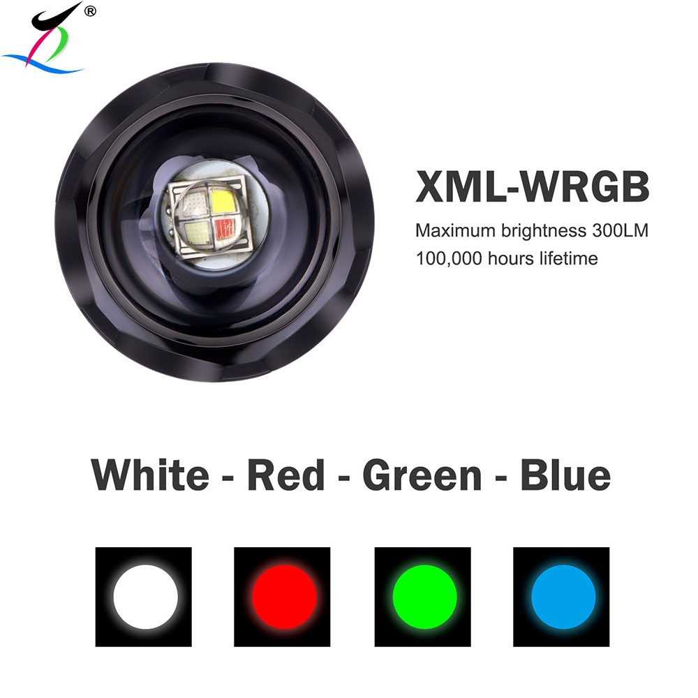 Limited-time Hot Selling Zoomable Red Green Blue White Hunting Light RGBW Led Flashlight Torch