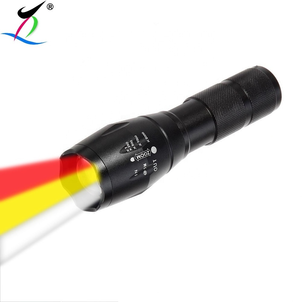 Multicolor red green white led flashlight for hunting fishing rechargeable and zoomable tactical torch light