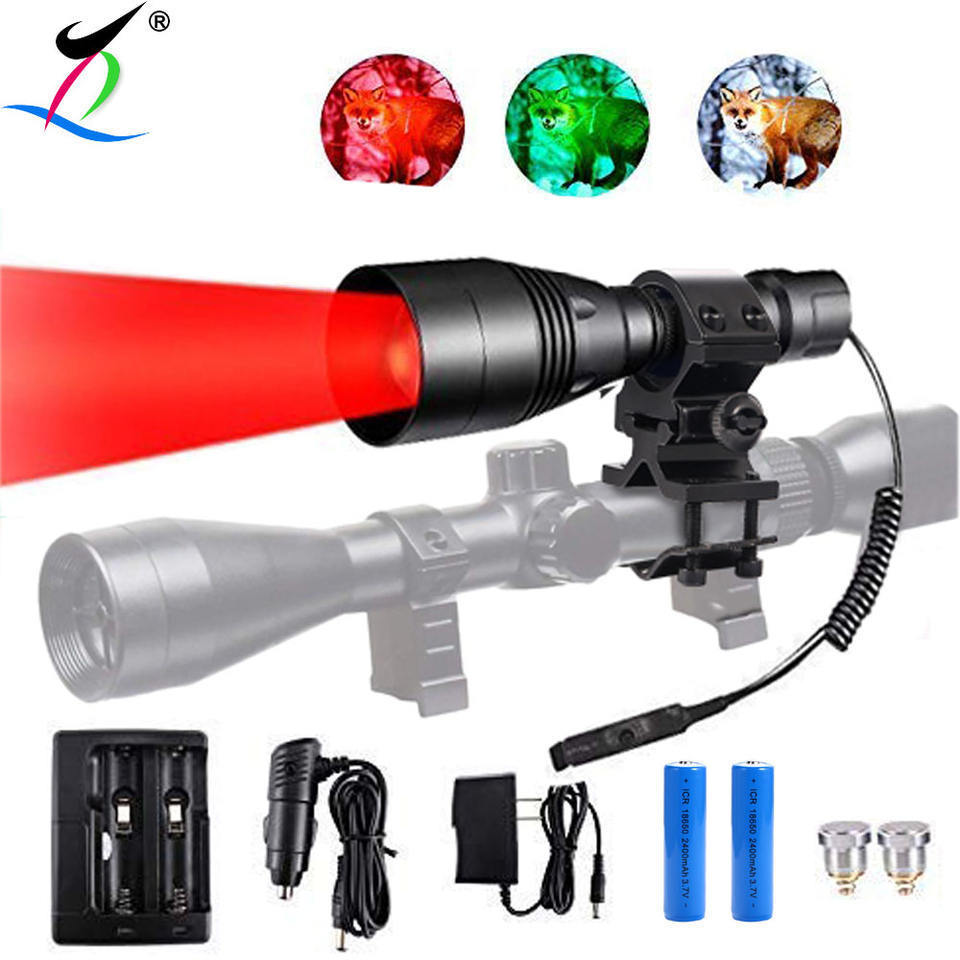 New Zoomable Torch Light Hunting Light Changeable Light Color Led Torch Camping Rechargeable Battery Long Range White Green Red