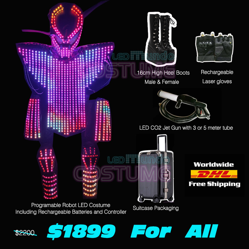 Free DHL Shipping Traje de Robot LED Light Costume Clothing High Heel Predator led Costume CO2 Gun Laser Suitcase