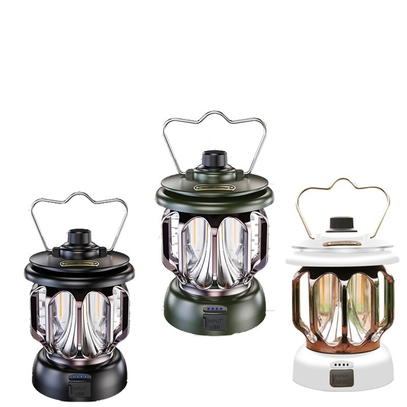 LED Camping Lantern Rechargeable Retro Metal Camping Light Battery Powered Hanging Green Candle Lamp  Portable