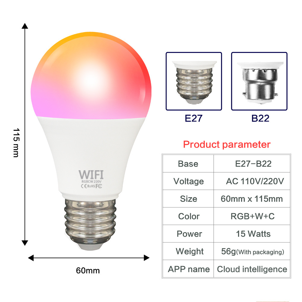 2021 AMAZON phone E27 APP WIFI RGBCW W WiFi Smart Light led Bulb Phone Google Home LED smart bulb 2700K-7000K Smart bulb