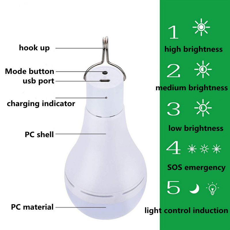 Solar Light LED Rechargeable Charge Bulb Hanging Courtyard Garden Camping Lamp Outdoor Indoor Emergency Built in Battery Bulb