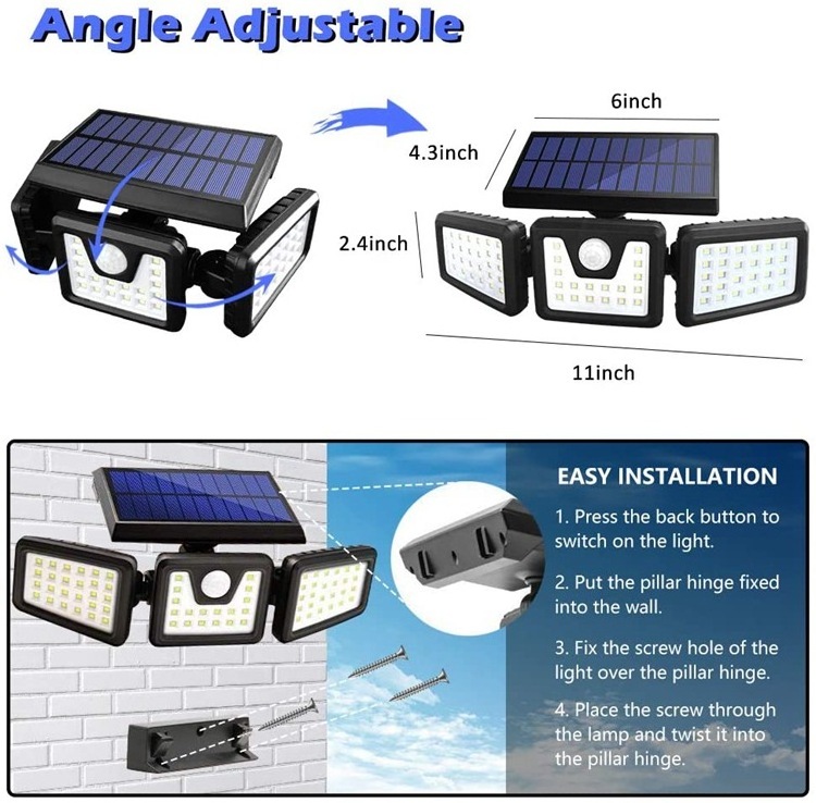 Newest Creative Design Three Head Motion Radar Sense Solar Power Sunshine charge Led Wall Lamp Outdoor