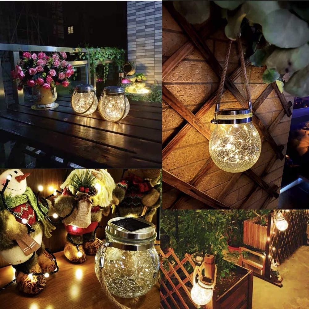 Solar Lantern Outdoor Hanging led Mason Jar Light Crack Glass Bottle Mason Jar Solar Garden Light Hemp Rope Hanging Lights