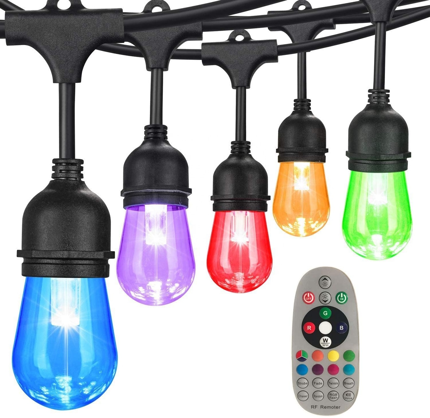 48FT Color Changing Outdoor String Lights, Upgraded RGB LED String Lights Music Sync with Dimmable S14 Edison Bulbs Shatterproof