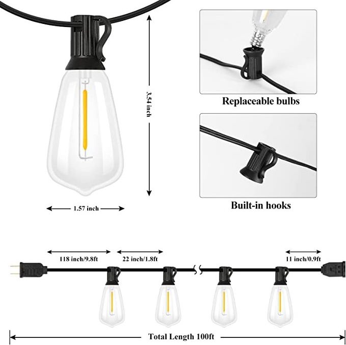 Outdoor Bistro Yard Garden Solar USB String Lights E12 Shatterproof ST38 Edison LED Bulbs Warm White For Wedding Christmas Party