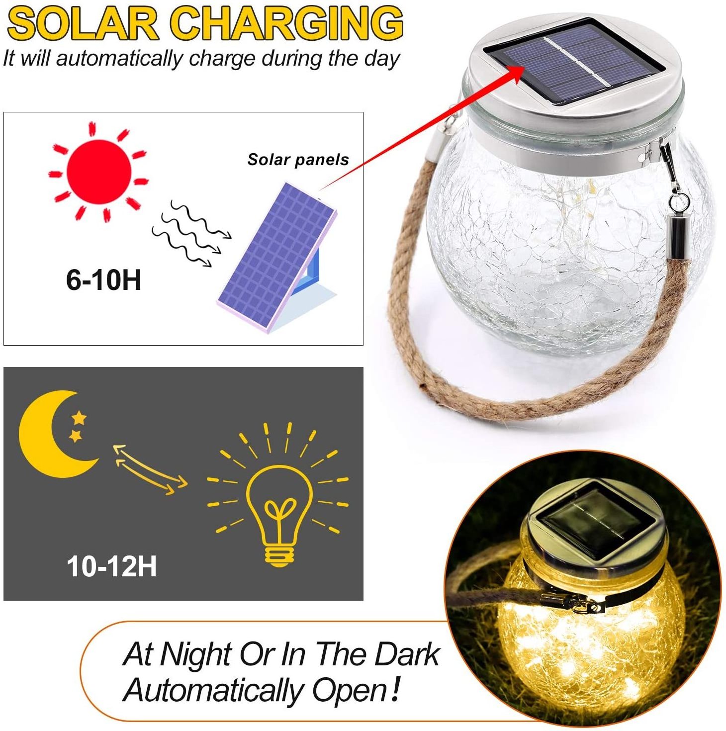 Solar Lantern Outdoor Hanging led Mason Jar Light Crack Glass Bottle Mason Jar Solar Garden Light Hemp Rope Hanging Lights