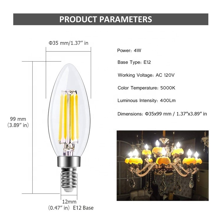 C35 Candle Light Bulb 40W Equivalent 2700K Warm White E12 Edison Bulb LED Candelabra Bulb