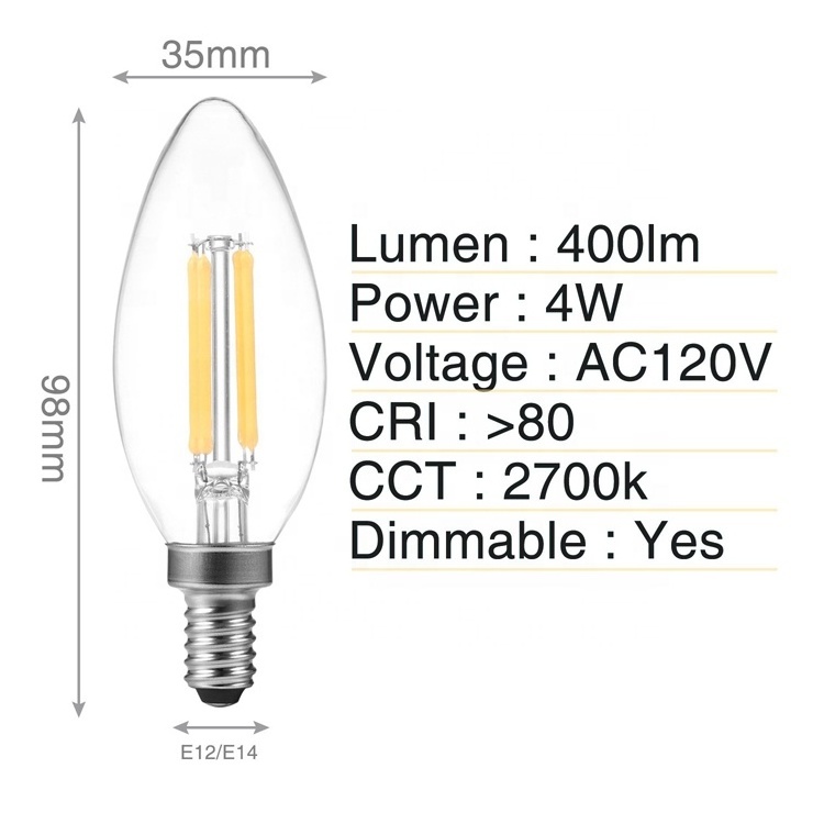 C35 Candle Light Bulb 40W Equivalent 2700K Warm White E12 Edison Bulb LED Candelabra Bulb