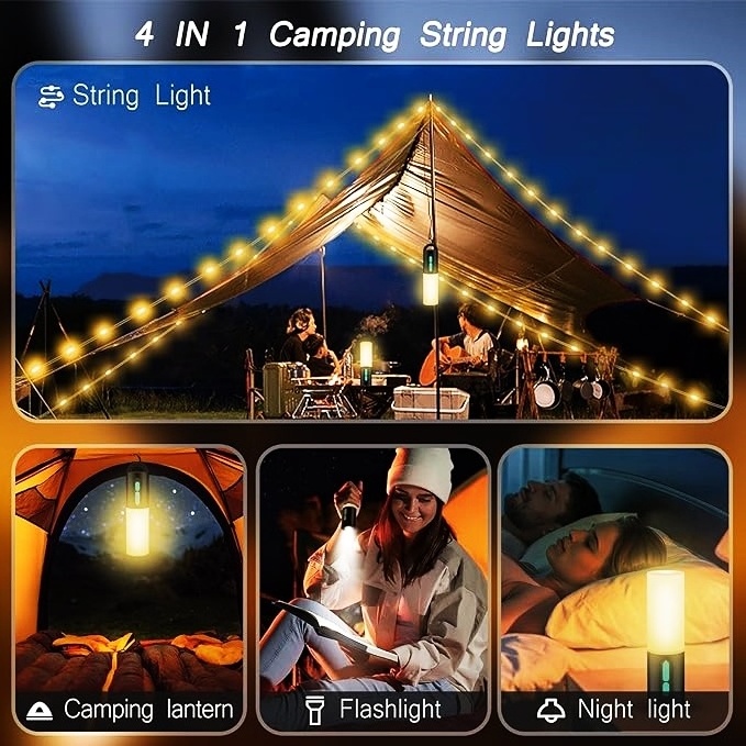 4 in 1 Camping String Lights  Camping Lantern LED Rechargeable Flashlight for Tents Garden Bedroom Emergency Hiking