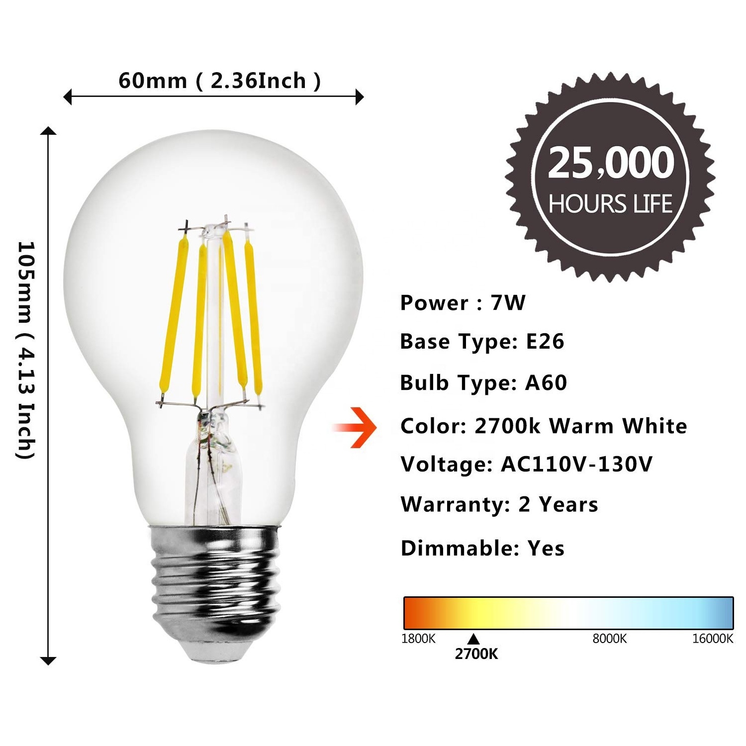 Energy Saving 4 Packs Edison A60 E26 Led Light Bulb Decorative Lamp 7W