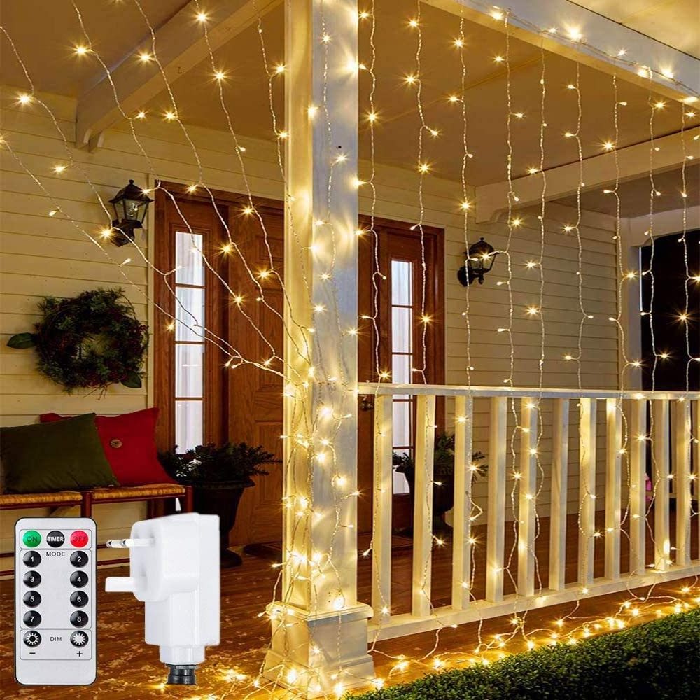 Battery Operated with 8 Modes Remote Control Curtain Lights 3*3m Warm White Wedding LED Window Fairy String Lights