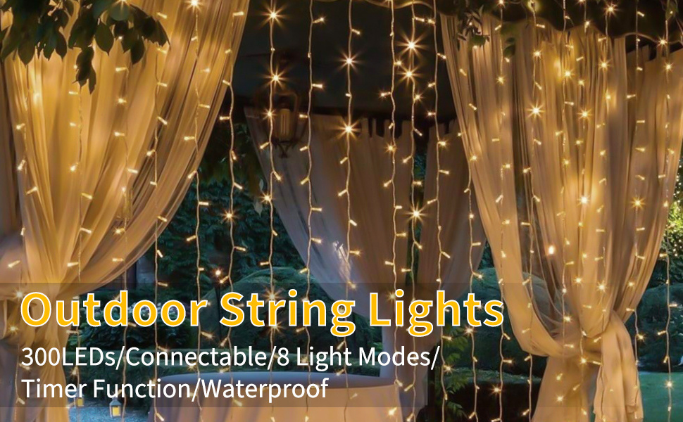 Battery Operated with 8 Modes Remote Control Curtain Lights 3*3m Warm White Wedding LED Window Fairy String Lights