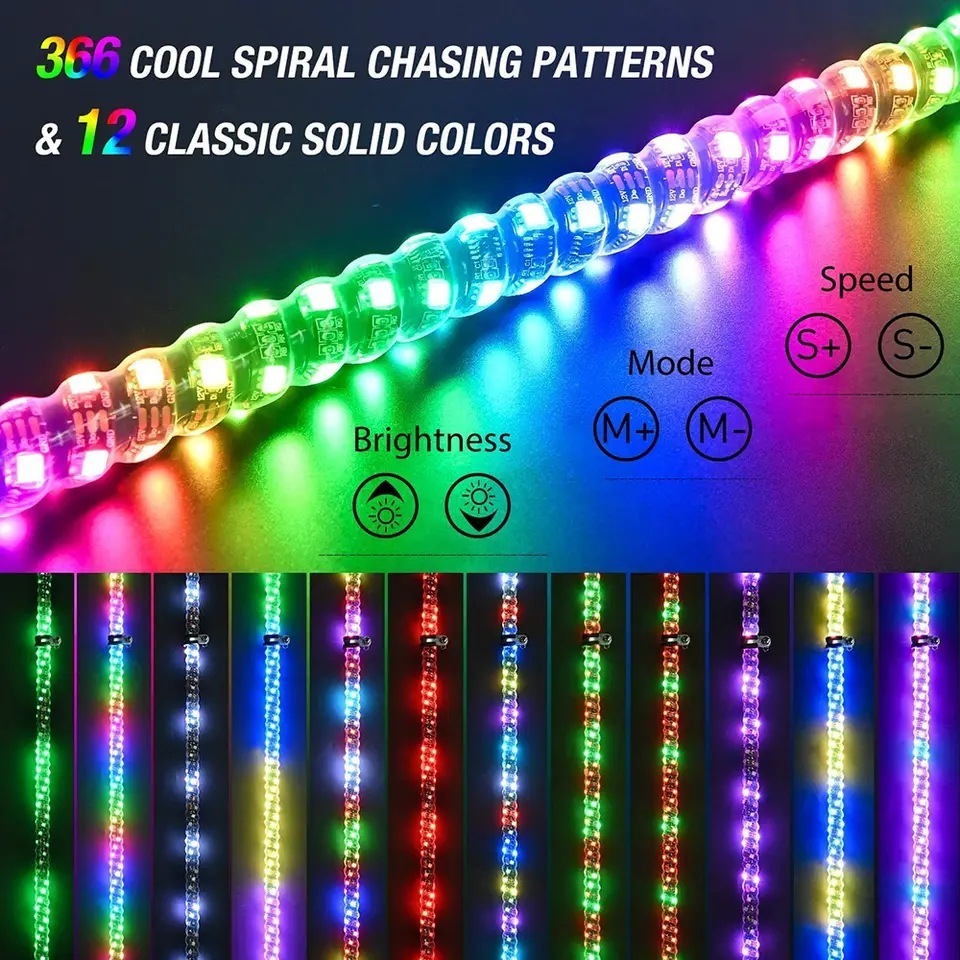 RGB Chasing Flexible 360 Spiral Waterproof Remote Control Buggy Led Whip Light 2 3 4 5 6 Ft  For Trailer ATV UTV