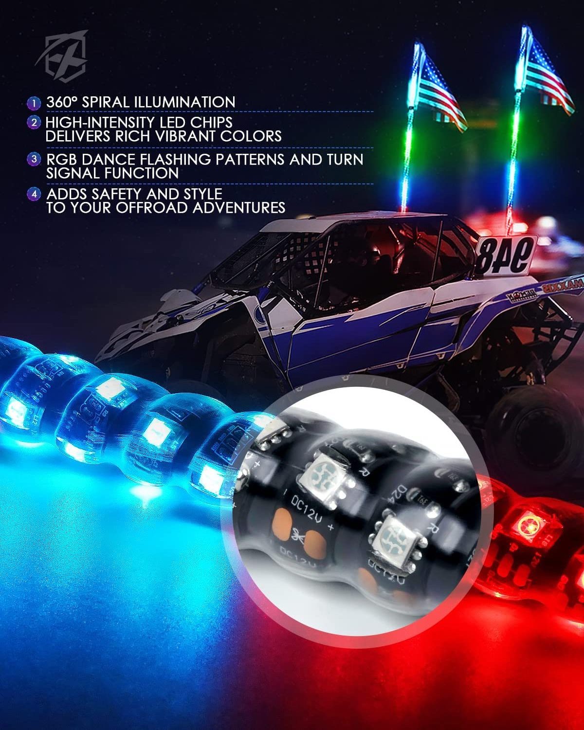 RGB Chasing Flexible 360 Spiral Waterproof Remote Control Buggy Led Whip Light 2 3 4 5 6 Ft  For Trailer ATV UTV