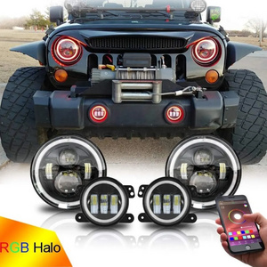 7in Headlight + 4in Fog Light Angel Eye Round  Projector Headlights Halo Lights RGB DRL Turn Signal For Jeep