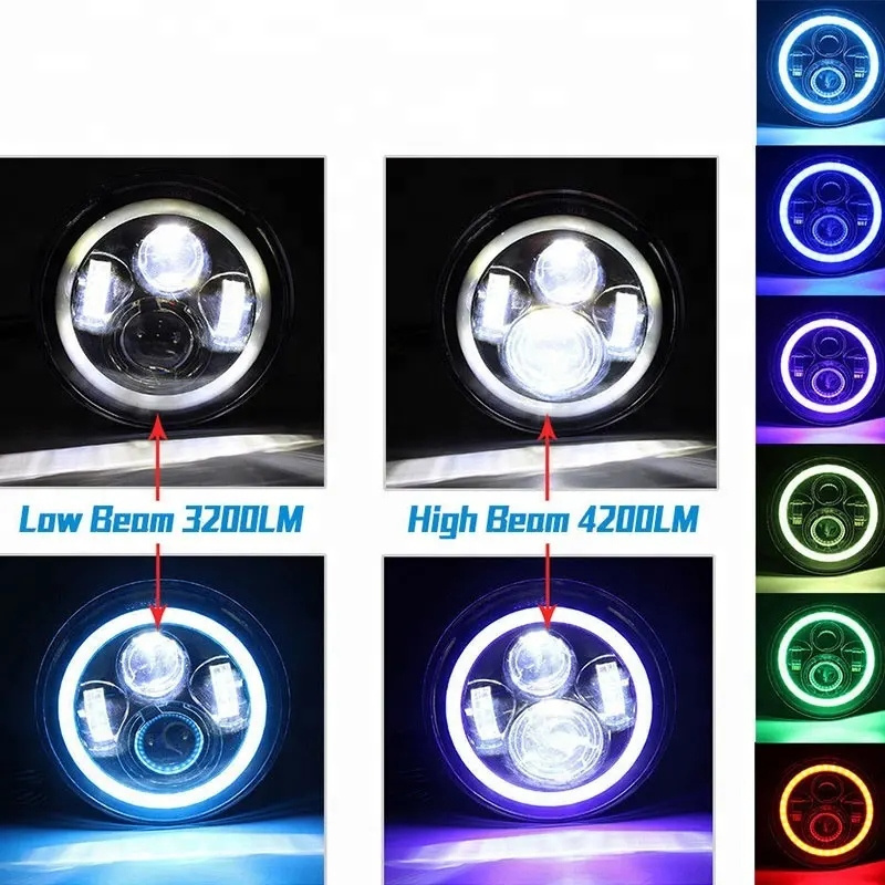 7in Headlight + 4in Fog Light Angel Eye Round  Projector Headlights Halo Lights RGB DRL Turn Signal For Jeep