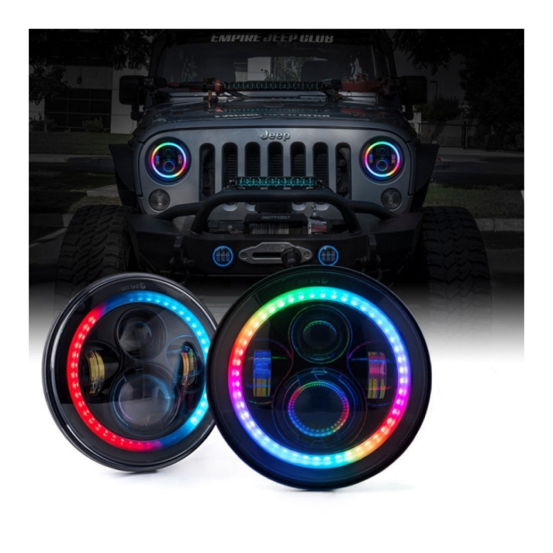 7 Inch 45W  Dancing Color Halo Ring Headlights Accessories  Bluetooth APP Control Angel Eye Halo Lights For Jeep JL JK