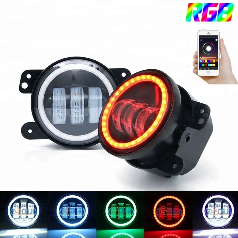 7in Headlight + 4in Fog Light Angel Eye Round  Projector Headlights Halo Lights RGB DRL Turn Signal For Jeep