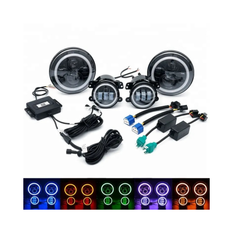 7in Headlight + 4in Fog Light Angel Eye Round  Projector Headlights Halo Lights RGB DRL Turn Signal For Jeep