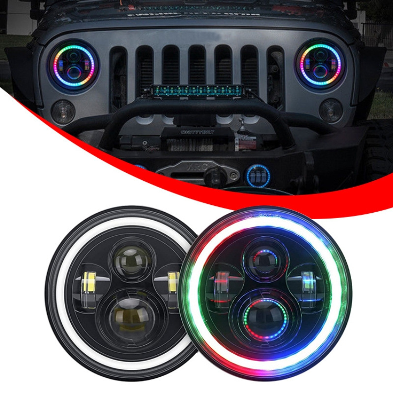 7 Inch 45W  Dancing Color Halo Ring Headlights Accessories  Bluetooth APP Control Angel Eye Halo Lights For Jeep JL JK