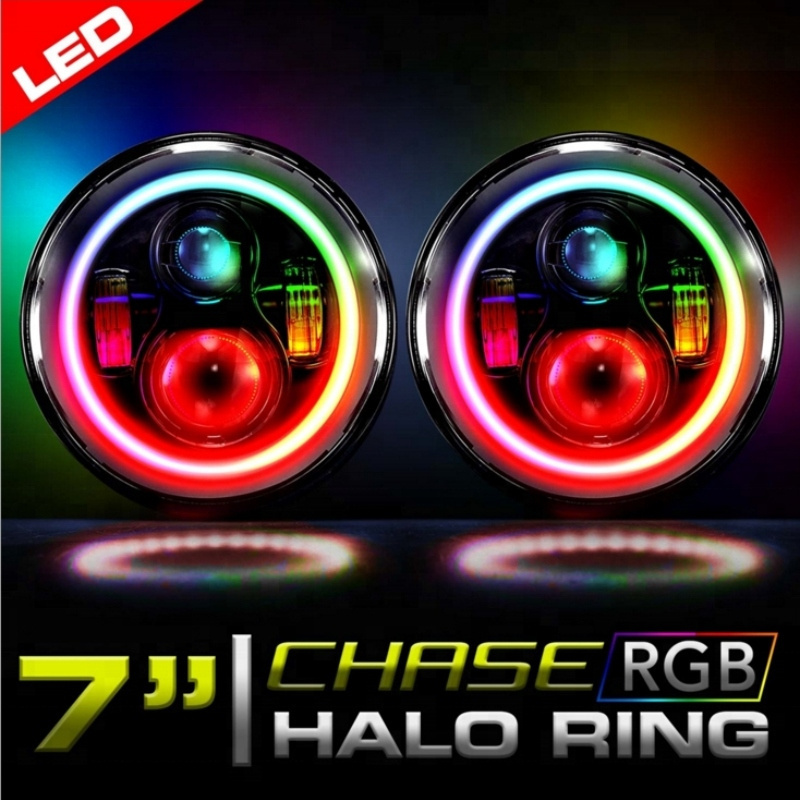 7 Inch 45W  Dancing Color Halo Ring Headlights Accessories  Bluetooth APP Control Angel Eye Halo Lights For Jeep JL JK