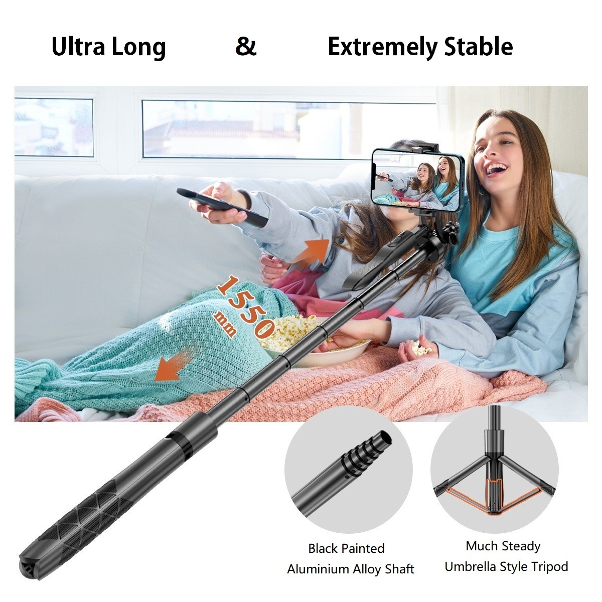 L16 Handlebar 1.5m Long Ultimate Black Pole Wireless Portable Umbrella Tripod Selfie Stick with Power Switch On Remote