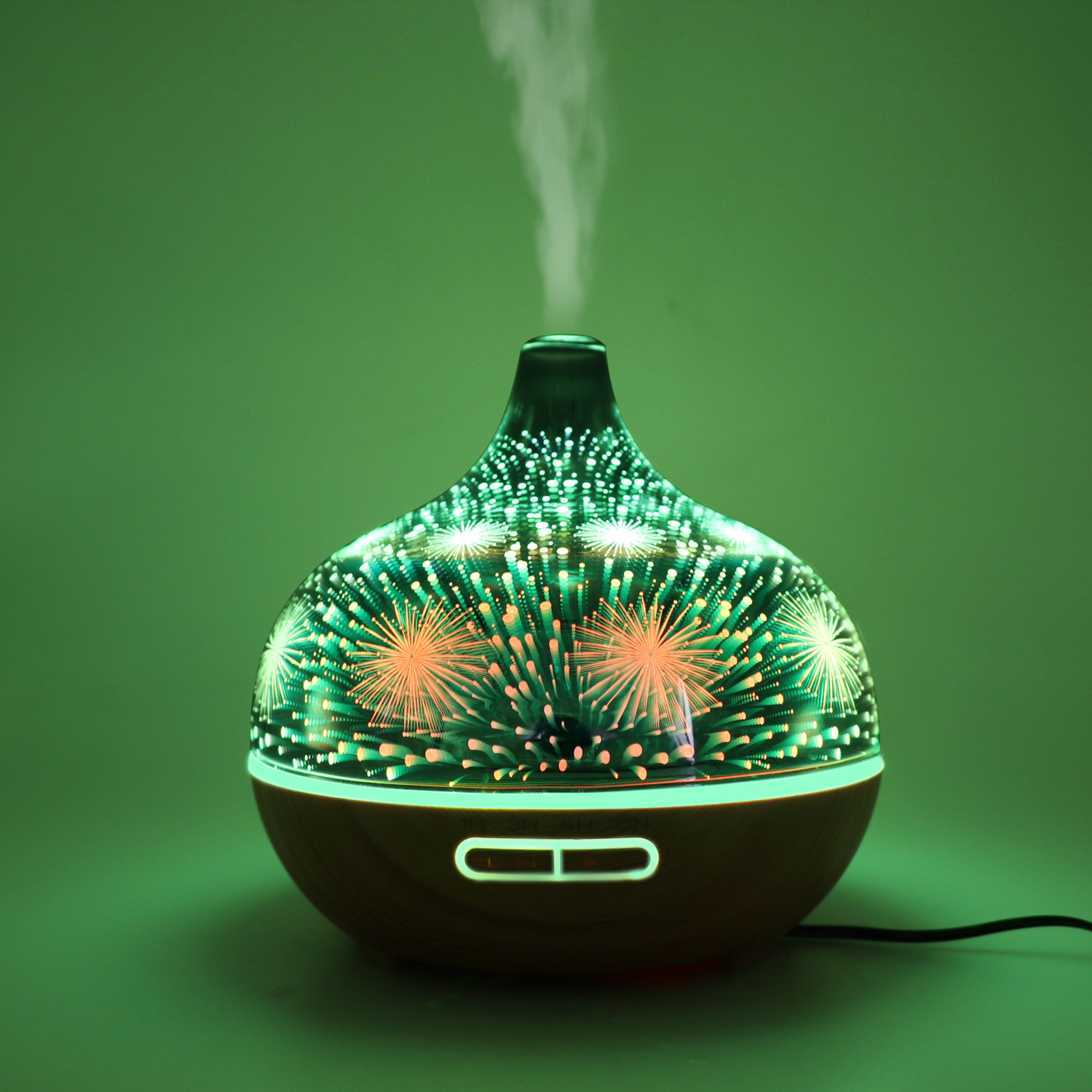 Colorful Fireworks design 3D Glass Bottle Essential Oil Humidifier Air Diffuser with plastic base